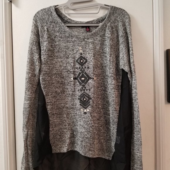 Material Girl Long sleeve scoop neck sweater knit and chiffon back top - Picture 1 of 9
